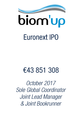 Bryan Garnier & Co acts as Sole Global Coordinator for Biom'Up's landmark Euronext IPO, raising up to €44 million including greenshoe