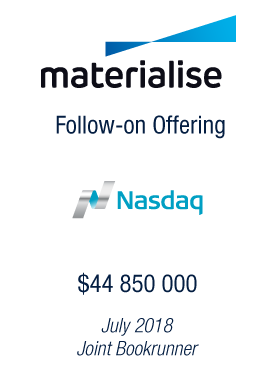 Bryan, Garnier & Co acts as Joint Bookrunner on Materialise’s USD45 million Follow–On Equity Offering on Nasdaq