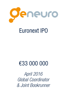 Bryan Garnier & Co advises GeNeuro on its Euronext IPO, raising €33 million, acting as Global Coordinator & Joint Bookrunner
