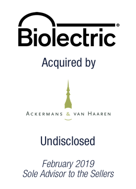 Bryan, Garnier & Co acts a Sole Financial Advisor to Biolectric on the sale of a 60% stake to Ackermans & van Haaren alongside founder and CEO