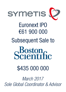 Upon pricing its landmark IPO on Euronext Paris led by Sole Global Coordinator Bryan, Garnier & Co, Symetis is acquired by Boston Scientific for USD 435 million